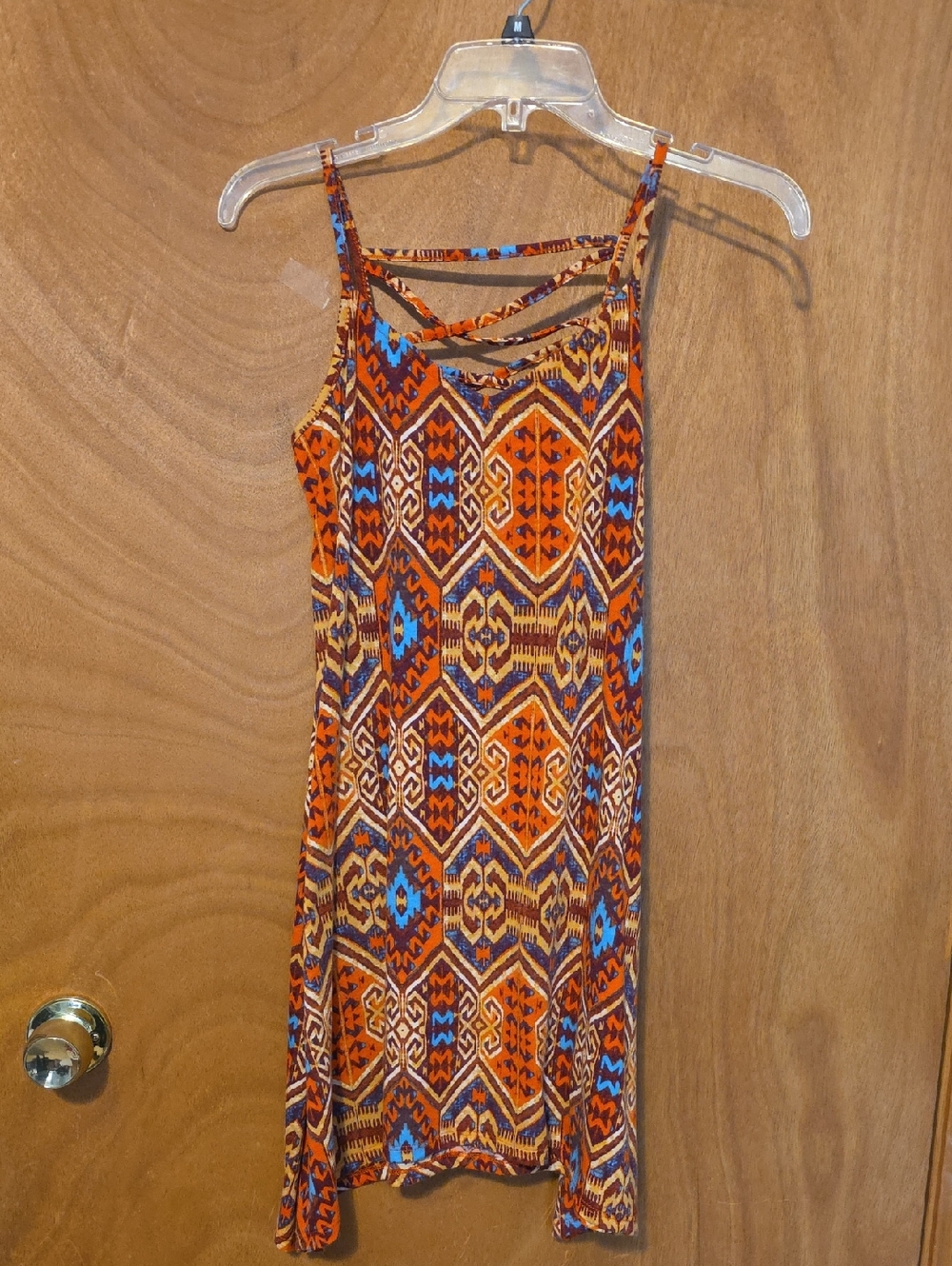 Xhilaration Orange Geometric Print Mini Dress with Blue Accents